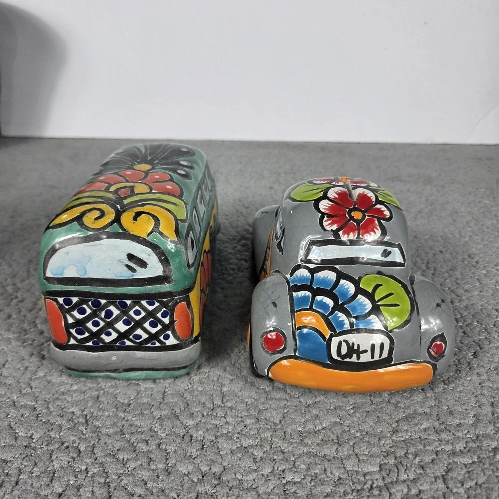 Talavera Pottery Hand Painted VW Beetle And Bus Figurines Mexican Art